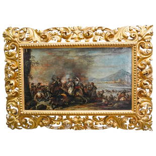 Follower Of Philips Wouwerman Battle Oil On Canvas: DESCRIPTION: Oil on canvas painting by a follower of Philips Wouwerman depicting a battle dominated by a gunman and a swordsman on horseback. Mounted in a gilt foliage frame. CIRCA: 18th Century, poss