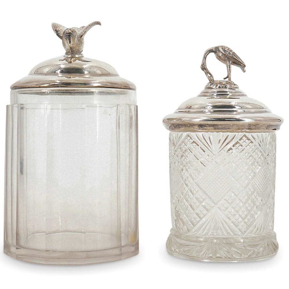 (2 Pc) Silver Plated Lidded Glass Jars (1 of 6)