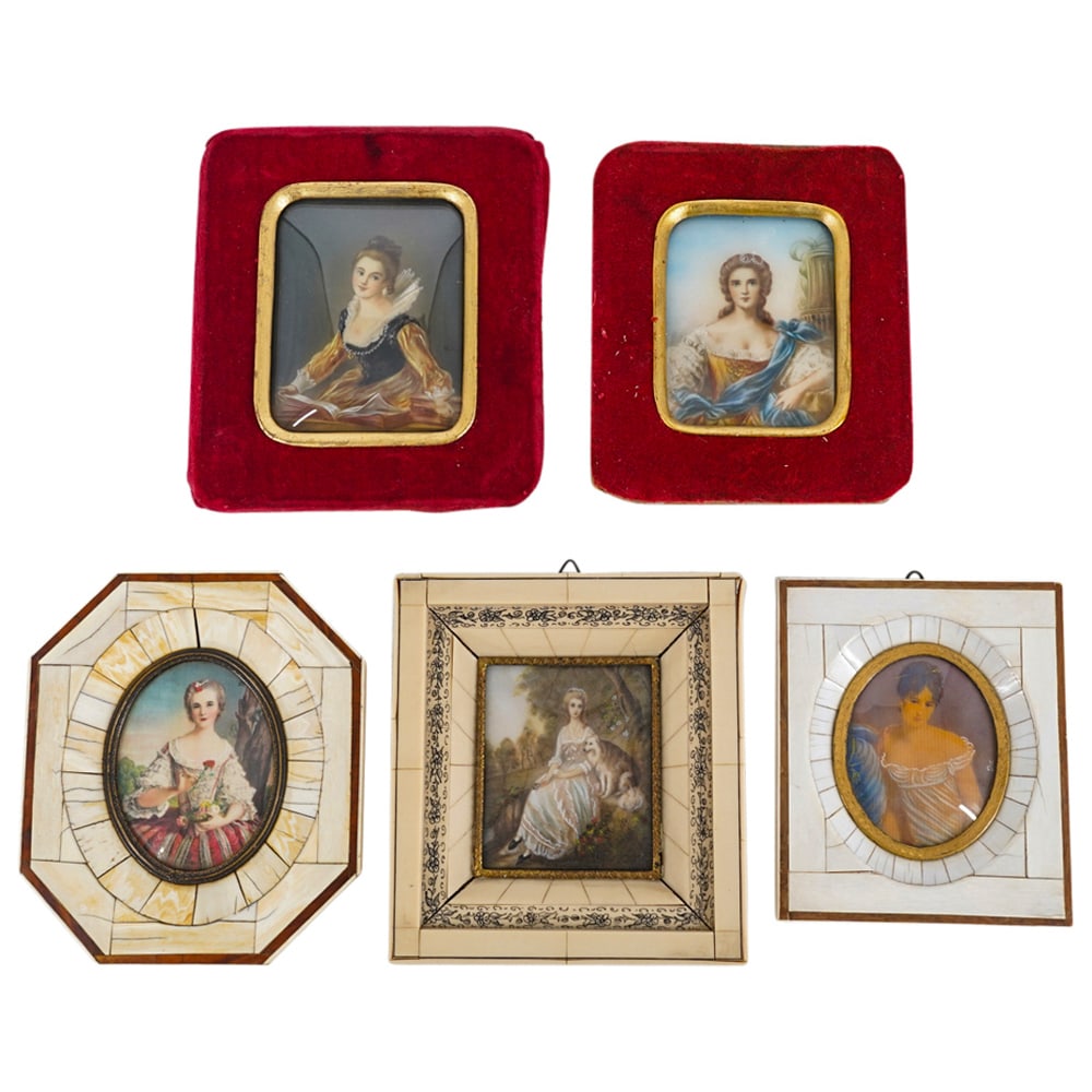(5 Pc) Antique French Miniature Painted Portraits Collection: DESCRIPTION: (5 Pc) Antique French miniature painted portraits collection set depicting varied elegant female figures dressed in period costume fashions. Three miniature paintings have a carved bone m