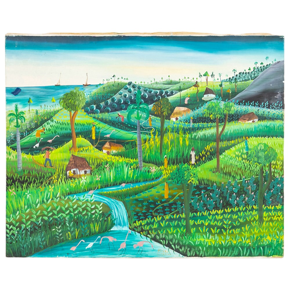 Signed Haitian Oil On Canvas Landscape: DESCRIPTION: Haitian oil on canvas painting depicting a rural landscape with figures, trees, sailboats, a river, a waterfall and flamingos. Signed at lower right quadrant. CIRCA: 20th Century ORIGIN: 