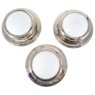 (3Pc) Ralph Lauren Home Flush Mount Chrome Sconces: DESCRIPTION: Ralph Lauren Home, flush mount sconces with chrome foundations and white glass inset shades, completed with nautical designs. Impressed: "Ralph Lauren Home" at side, with original care ta