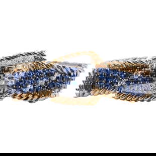 Vintage Hammerman Bros. Platinum, Sapphire and Diamond Bracelet: DESCRIPTION: A vintage Hammerman Bothers bracelet comprised of a platinum foundation featuring a buckle design at the center accented with 18k yellow gold bordering, further decorated throughout with