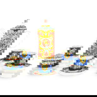(10 Pc) Rosenthal Versace "Le Roi Soleil" Porcelain Tea Set: DESCRIPTION: Rosenthal Versace porcelain tea set in the "Le Roi Soleil" pattern, features borders embellished with cobalt blue hues bordered by gilded accents along with a layer of scrolled floral mot