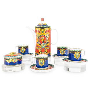 (10 Pc) Rosenthal Versace "Le Roi Soleil" Porcelain Tea Set: DESCRIPTION: Rosenthal Versace porcelain tea set in the "Le Roi Soleil" pattern, features borders embellished with cobalt blue hues bordered by gilded accents along with a layer of scrolled floral