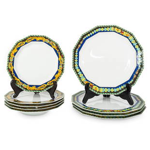 (9 Pc) Versace Rosenthal "Le Roi Soleil" Porcelain Set: DESCRIPTION: Rosenthal Versace porcelain plate set in the "Le Roi Soleil" pattern, features borders embellished with cobalt blue hues bordered by gilded accents along with a layer of scrolled floral