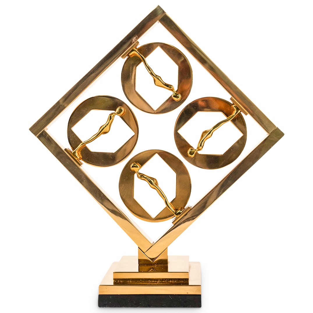 Ernest Trova (American.1927-2009) "Study Man Figure in frames" Bronze Sculpture: DESCRIPTION: Ernest Trova bronze sculpture, titled "Study Man Figure in frames" composed of a polished gilt bronze. Engraved with Trova mark, Edition number "15/99" and dated "1987" Includes original