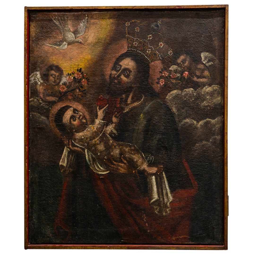 Antique Cuzco School Religious Oil On Canvas: DESCRIPTION: Antique Cuzco school oil on canvas painting depicting Christ holding a child saint, with the Holy Spirit at top left. CIRCA: 18th Century ORIGIN: South American DIMENSIONS: (Sight) H: 25.