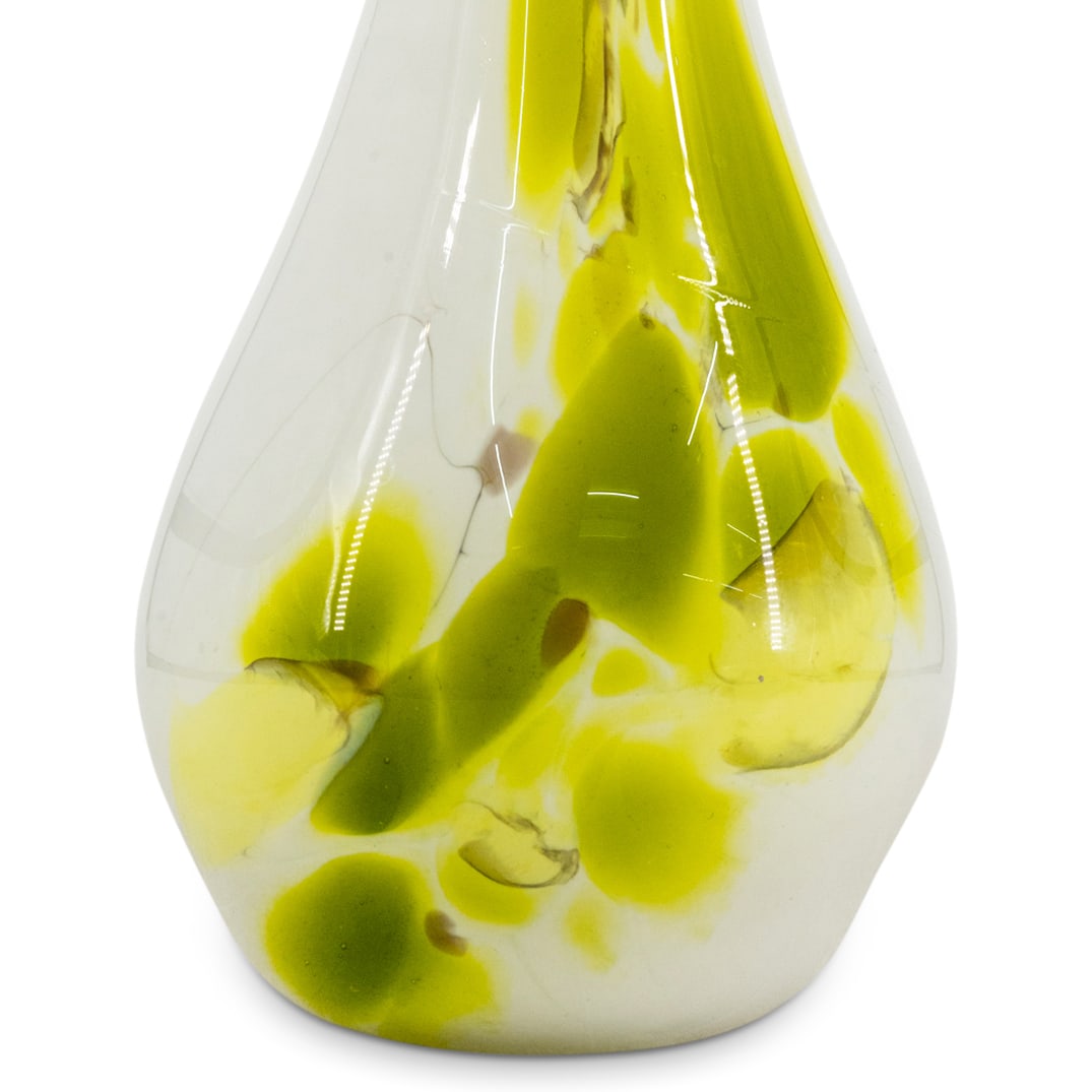Vintage Murano Glass Tall Bulbous Vase: DESCRIPTION: Murano glass vase featuring white tones accented by green and red on a bulbous body with an elongated neck and undulating lip. CIRCA: 20th Century ORIGIN: Italy DIMENSIONS: H: 26.25" L: 6
