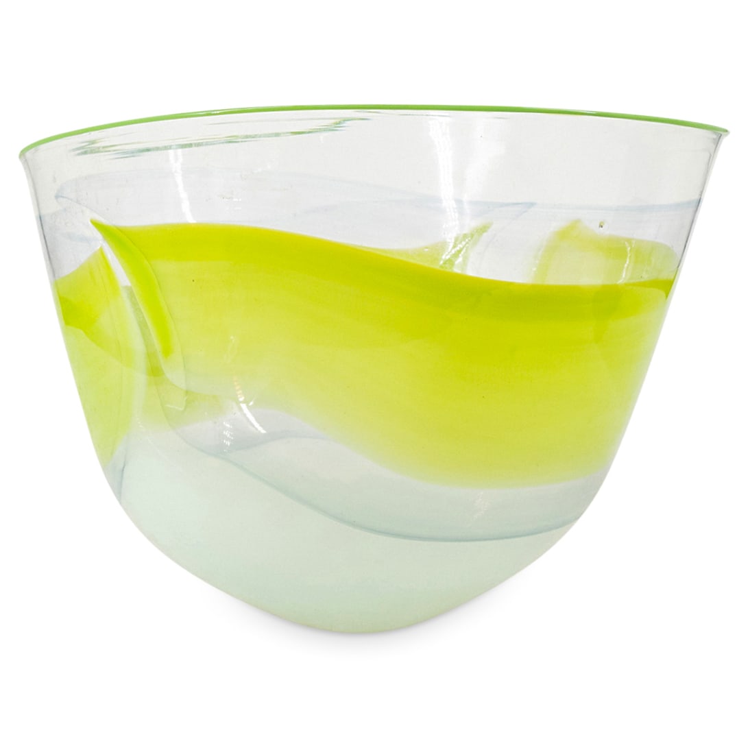 Annette Meech Art Glass Centerpiece Bowl: DESCRIPTION: Art glass centerpiece bowl by Annette Meech (German, b. 1948) featuring green tones and irregular lip. "Annette Meech 1046 / The Glam House 1984" on underside. CIRCA: 1984 ORIGIN: German