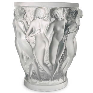 Lalique Crystal Bacchantes Vase: DESCRIPTION: A Lalique Crystal 'Bacchantes' Vase. The cylindrical body moulded with a continuous scene of dancing maidens, completed in a frosted finish. Inscribed 'Lalique France'. CIRCA: Mid 20th Ce