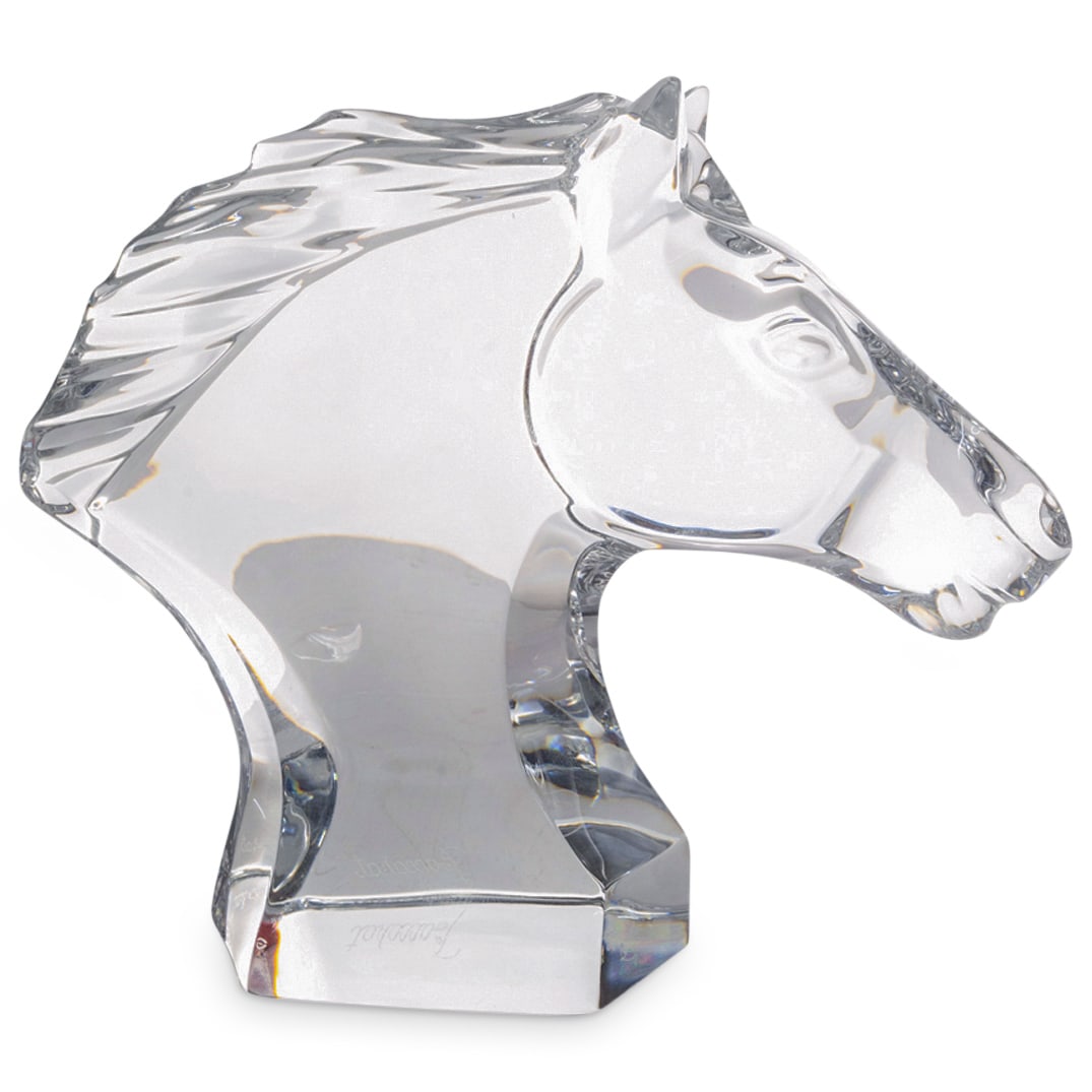 Baccarat Crystal "Tete De Cheval" Sculpture: DESCRIPTION: Baccarat crystal glass "Tete De Cheval" sculpture depicting a horse's head. Includes original Baccarat foam padded box. CIRCA: 20th Century ORIGIN: France DIMENSIONS: (Sculpture) H: 4 3/4