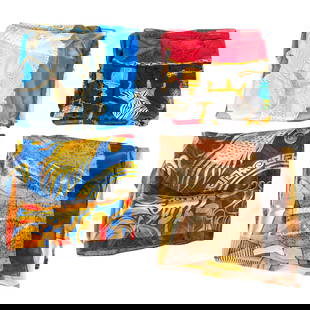 (4Pc) Designer Silk Scarf Grouping: DESCRIPTION: (4Pc) Designer silk scarf grouping, includes: (1pc) Cochni Italy blue nautical themed scarf, tagged: "Cochni Italy" (L: 36" x W: 35") (1Pc) Versace style silk scarf. (L: 34" x W: 33") (1P