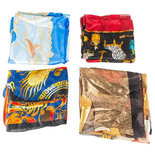 (4Pc) Designer Silk Scarf Grouping: DESCRIPTION: (4Pc) Designer silk scarf grouping, includes: (1pc) Cochni Italy blue nautical themed scarf, tagged: "Cochni Italy" (L: 36" x W: 35") (1Pc) Versace style silk scarf. (L: 34" x W: 33") (1P