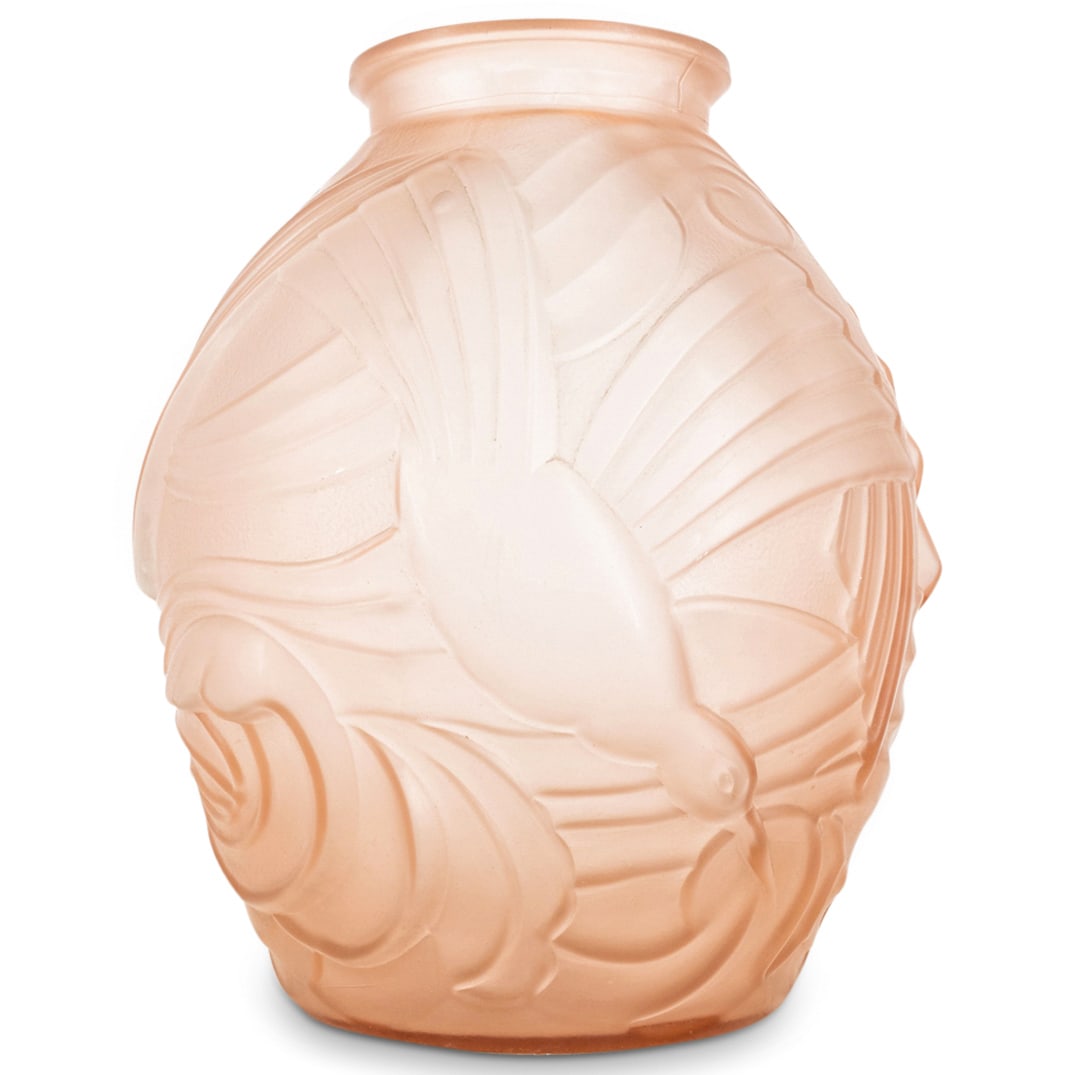 Art Deco French Seagull Vase: DESCRIPTION: Art Deco glass vase in the style of Rene Lalique featuring a raised design depicting of seagulls flying over rolling waves. CIRCA: 20th Century ORIGIN: France DIMENSIONS: H: 11" W: 9.25" 