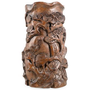 Large Chinese Carved Wood Brush Pot: DESCRIPTION: Large Chinese carved wood brush pot decorated with relief cranes and trees. CIRCA: 20th Century ORIGIN: Chinese DIMENSIONS: H: 10.5" W: 5" L: 6.25" - CONDITION: Crack to lip. See lot desc