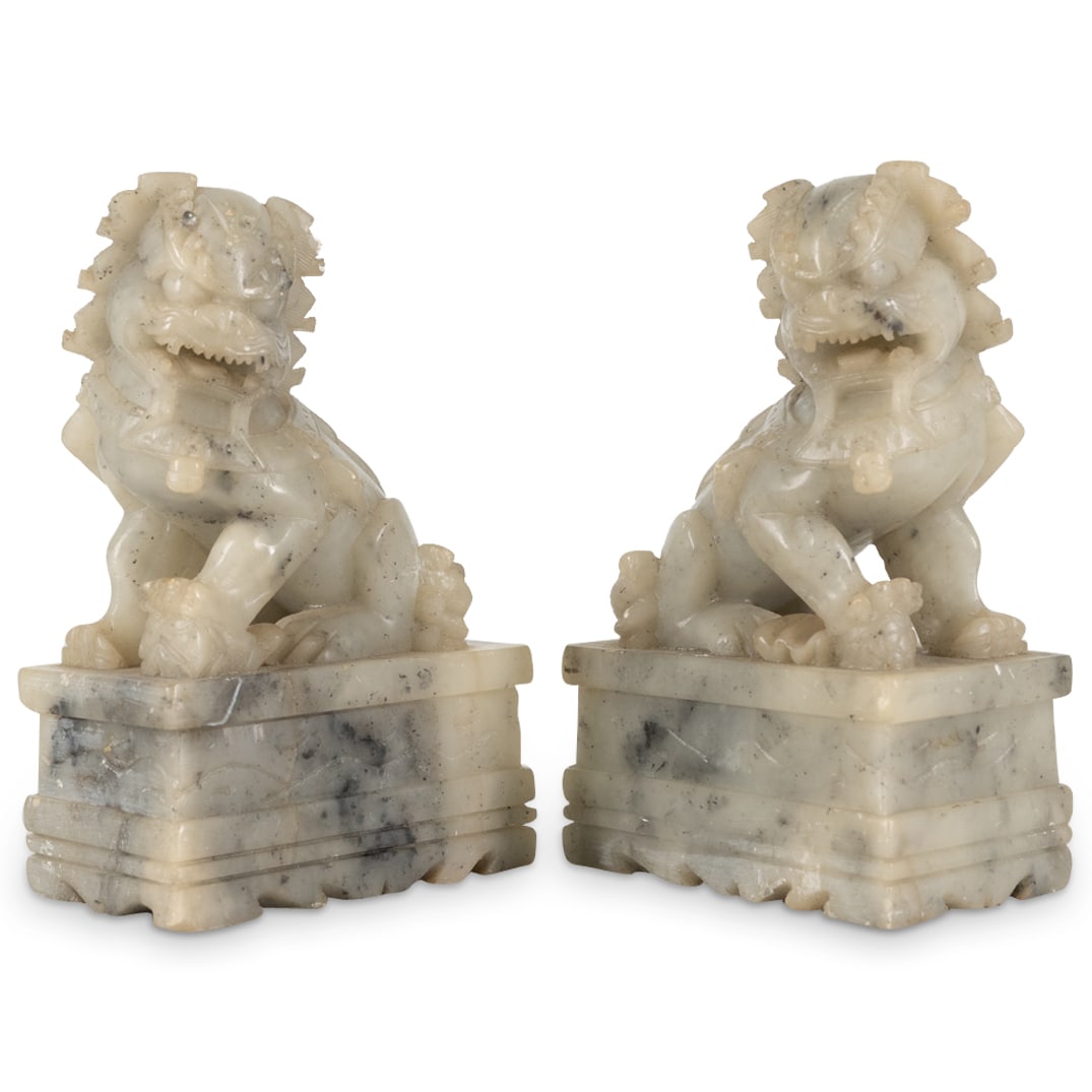 Pair Chinese Marble Foo Dogs: DESCRIPTION: Pair of mirrored marble guardian lions ("foo dogs"), one male and one female, the male with his paw atop an embroidered ball and the female with her paw atop a playful cub. CIRCA: Early -