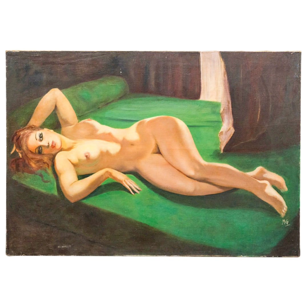 Marc Olivier Gregoire (1897-1991) Ginger Nude: DESCRIPTION: Oil on canvas painting by Marc Olivier Gregoire depicting a reclining nude woman with red hair. Signed "MG" at lower right. CIRCA: 20th Century ORIGIN: France DIMENSIONS: H: 47.5" W: 0.75