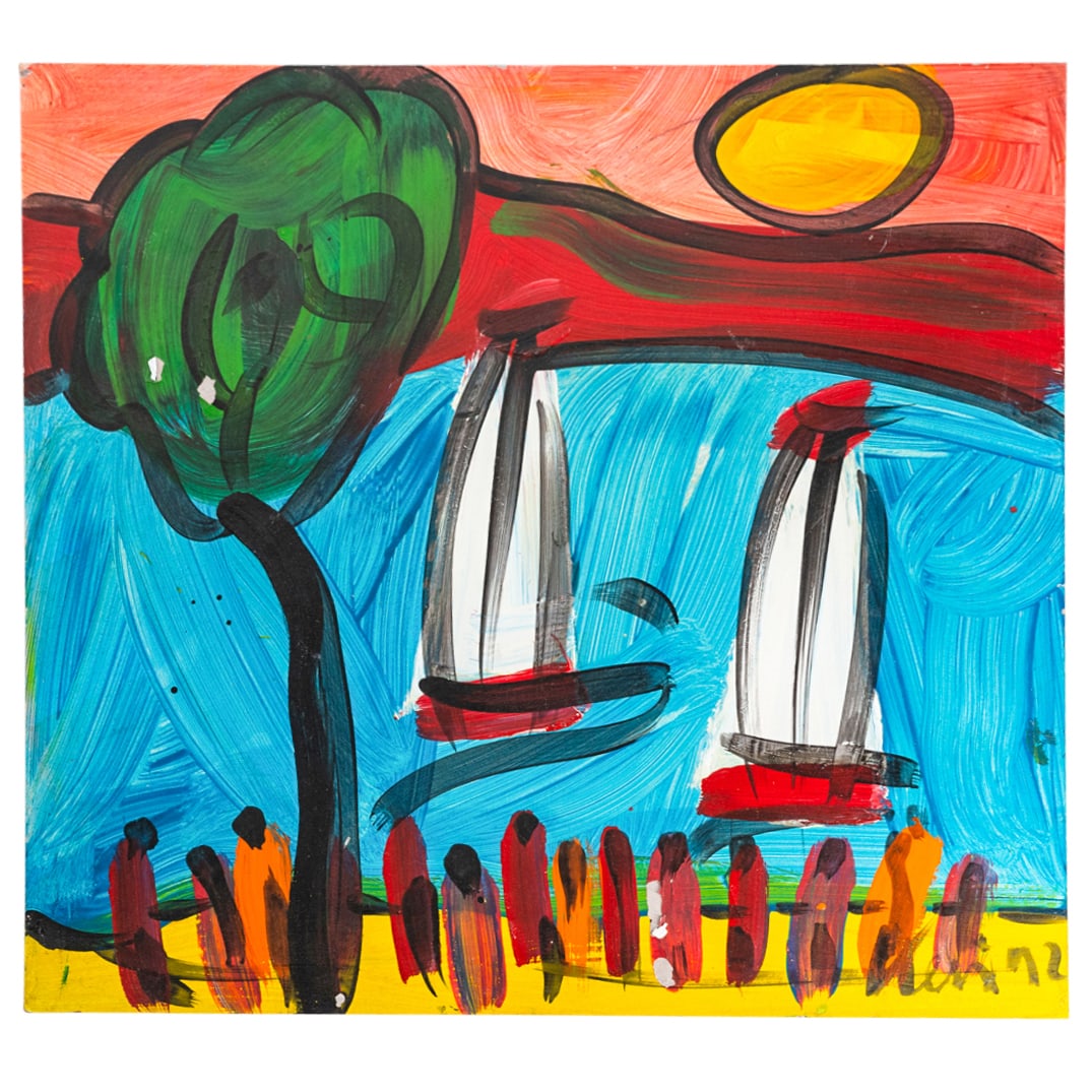 Peter Keil (German, B. 1942) Oil On Panel: DESCRIPTION: Oil on panel painting by Peter Keil (German, b. 1942) depicting sailboats and figures. Signed and dated at lower right. CIRCA: 1992 ORIGIN: German DIMENSIONS: H: 24" W: 24" - CONDITION: M