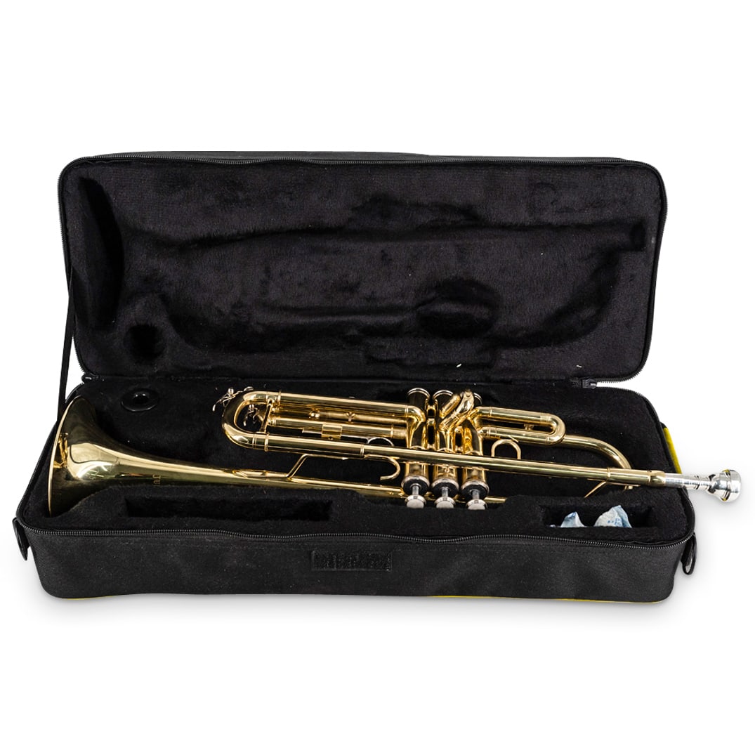 Juuxaan Brass Trumpet With Case: DESCRIPTION: Juuxaan brand brass standard trumpet with padded carrying case. CIRCA: 20th Century DIMENSIONS: (Trumpet) H: 5" W: 5.5" L: 21.5" (Case) H: 7.5" W: 8" L: 21" - CONDITION: Untested. See lot