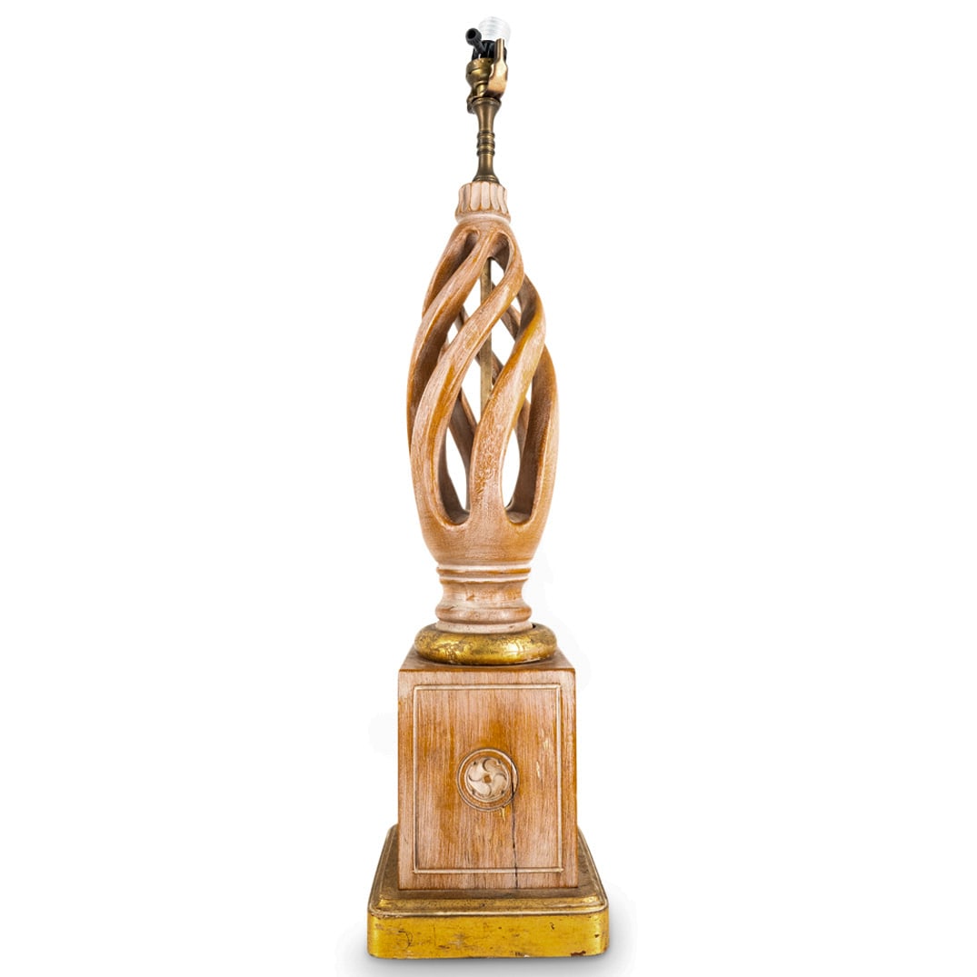 Pair Of Frederick Cooper Barley Twist Wood Lamps: DESCRIPTION: Two matching Frederick Cooper carved wood lamps, each featuring a square base marked on each side with a floral medallion and surmounted by an open, twisted stem. Finished with gilt accen