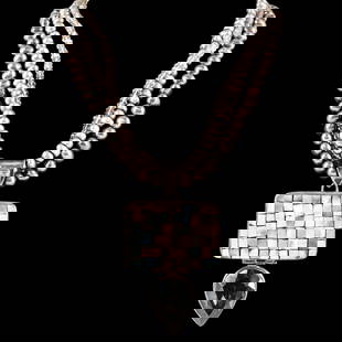 Sterling Silver & Tahitian Pearl Necklace: DESCRIPTION: Necklace featuring sterling silver, strands of tahitian pearls, a strand of crystals, inset costume gem pendant and inset abalone pendant. Marked with "925" on bail. When opened and measu