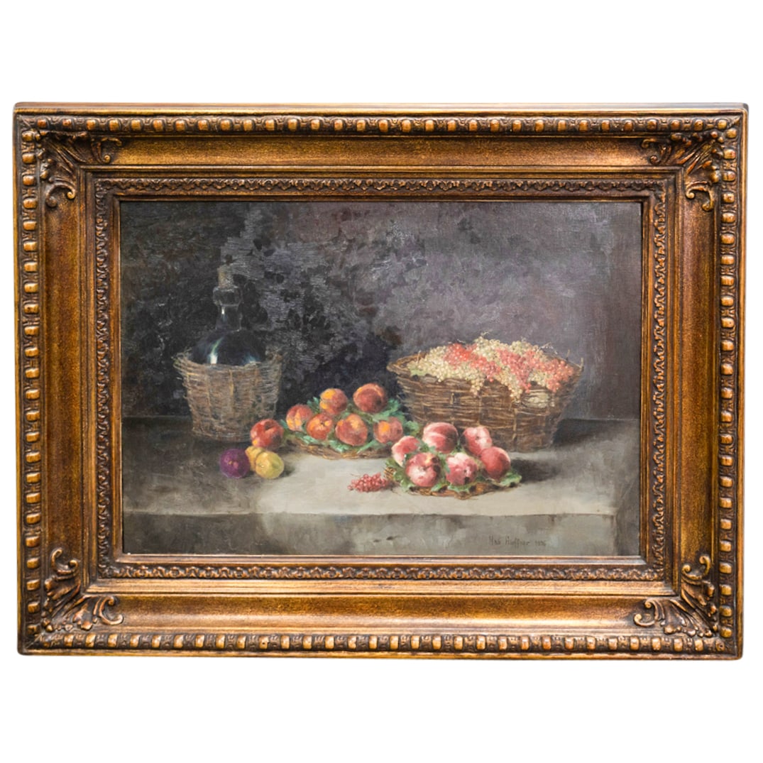 Signed Still Life Oil On Canvas: DESCRIPTION: Still life oil on canvas painting depicting fruit and wine. Signed "Max Ho[e?]ffner" and dated "1996" at lower right. CIRCA: 1996 DIMENSIONS: (Sight) H: 19.5" W: 27.5" (Frame) H: 30" W: 3