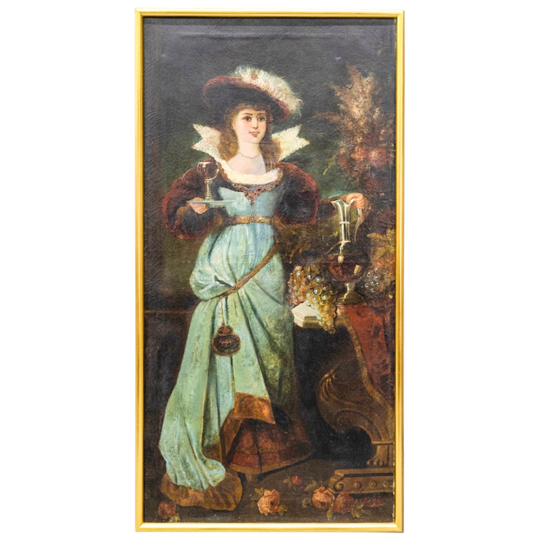 Antique Signed Oil On Canvas Portrait W/ Wine: DESCRIPTION: Antique oil on canvas portrait painting depicting a young woman holding a ewer of wine, a goblet of wine on a plate and standing next to oversized bunches of grapes. Further featuring a v