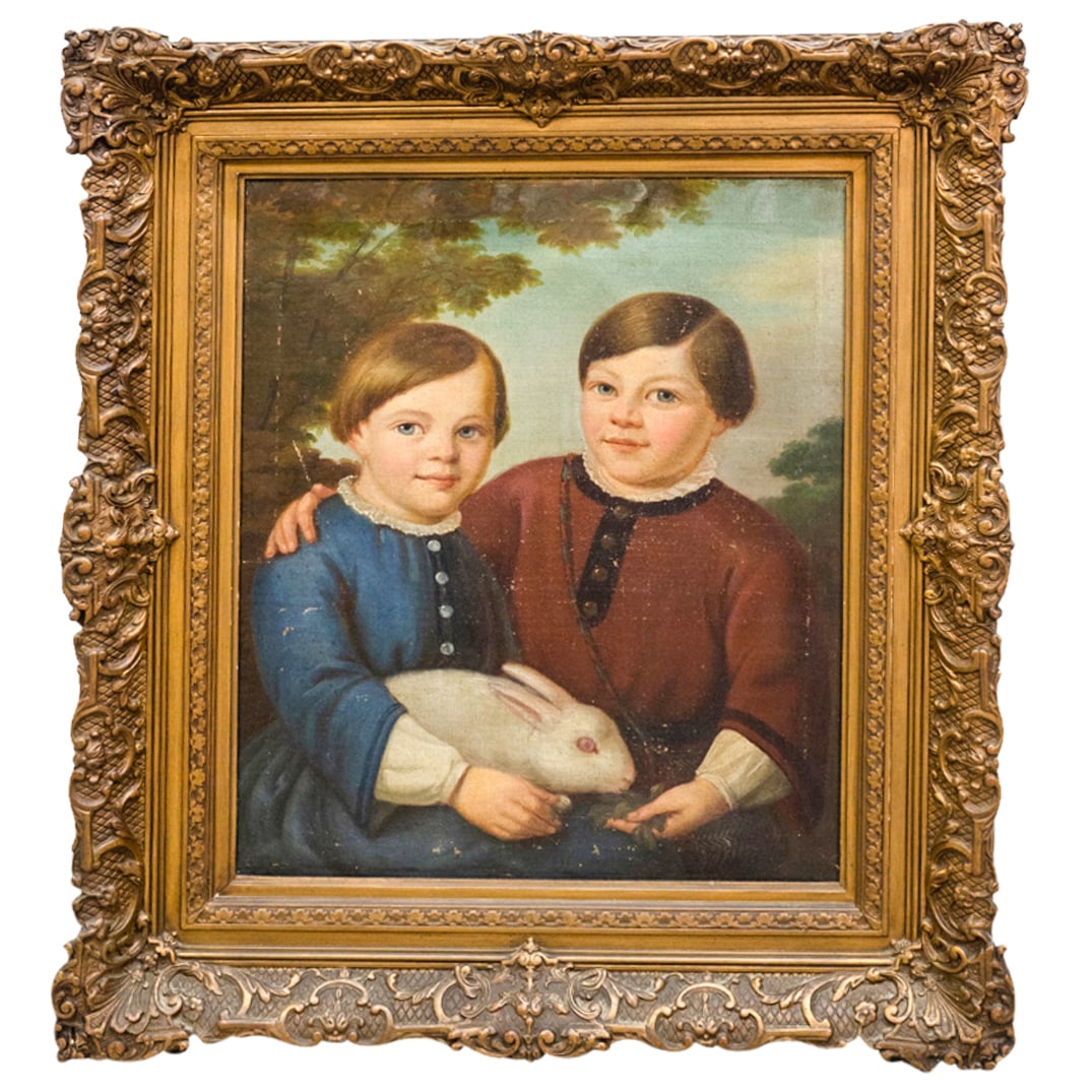 19th Cent. Folk Art Children With Rabbit Oil On Canvas (1 of 4)