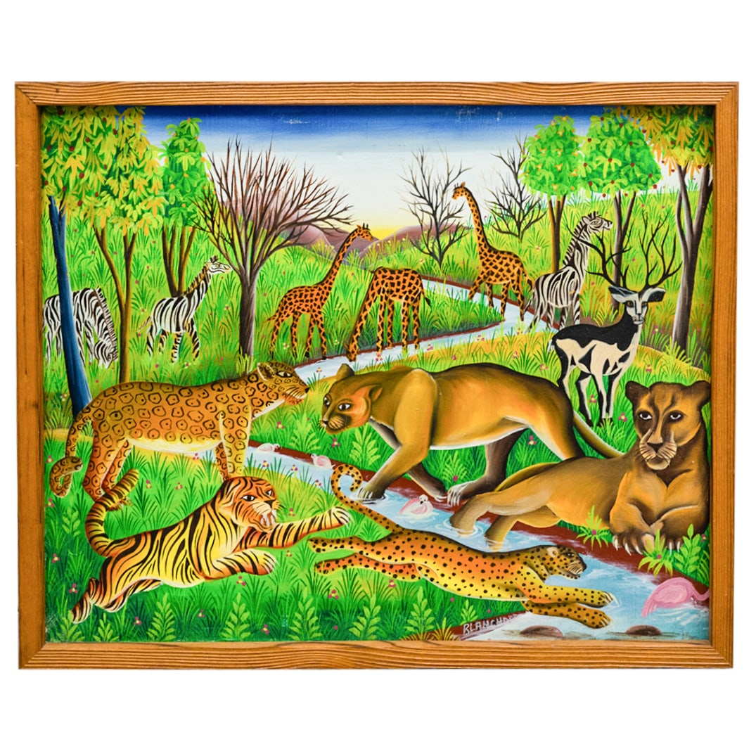 Signed Blanchard (Haitian, 20th Cent.) Oil On Canvas: DESCRIPTION: Signed Blanchard (Haitian, 20th Century) oil on canvas painting featuring a vibrant landscape scene with several animal figures, such as giraffes, tigers, leopards and zebras. Signed alon