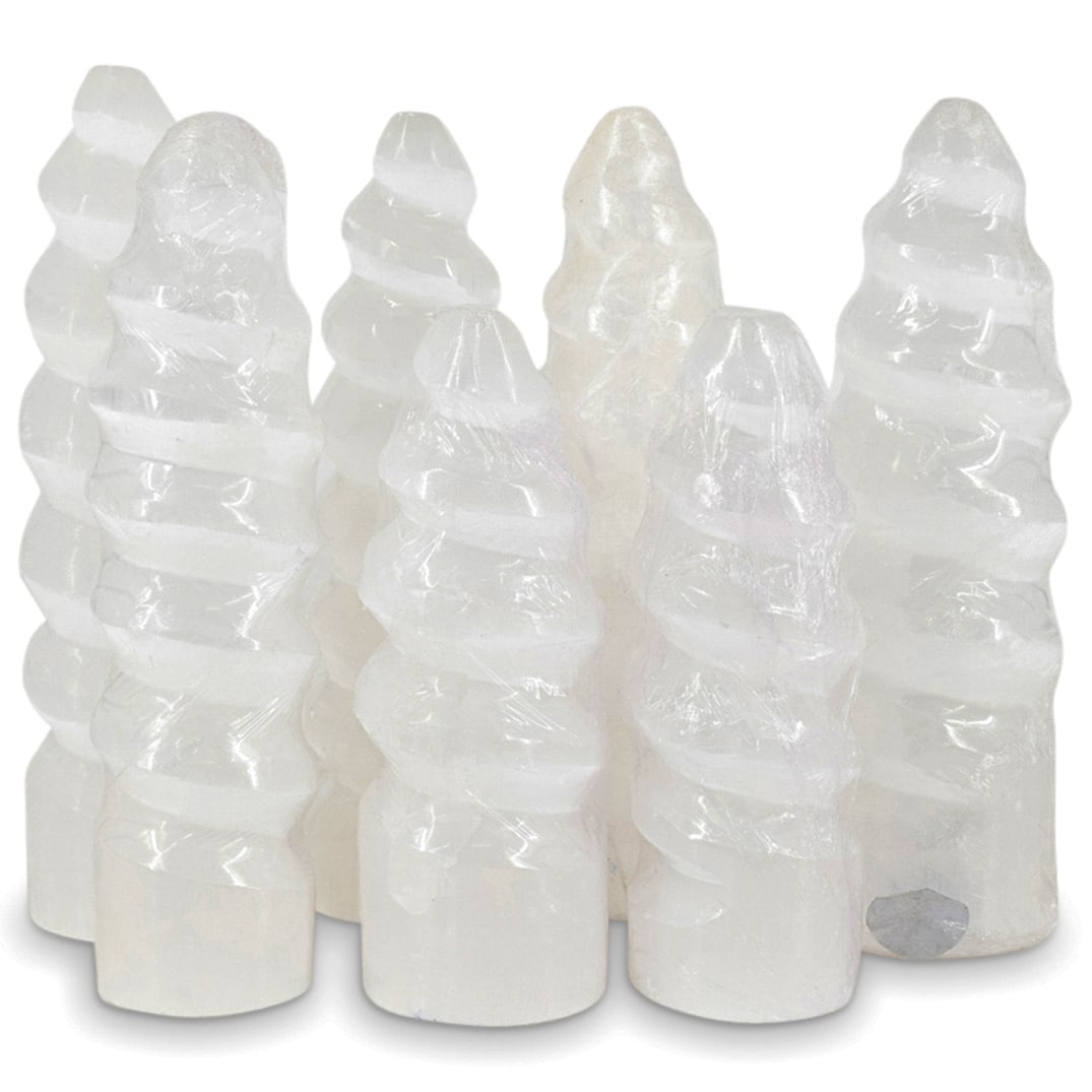 (7 Pc) Hand-Carved Selenite Spiral Crystal Sculptures (1 of 3)