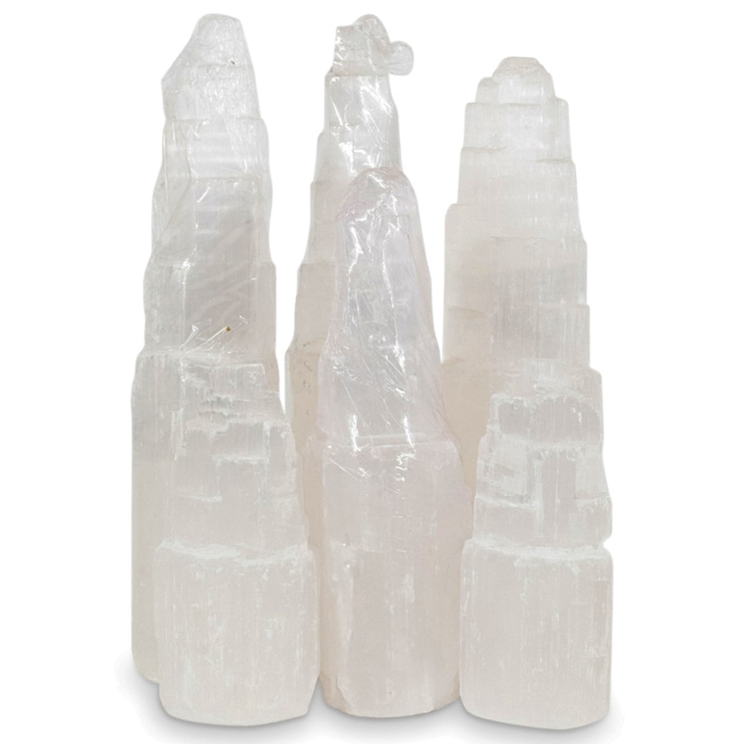 (7 Pc) Hand-Carved Selenite Spiral Tower Sculptures (1 of 4)