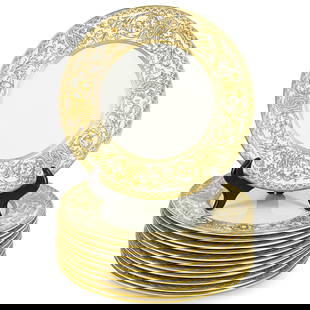 (12 Pc) English Royal Worcester "Embassy" Porcelain Dinner Plates: DESCRIPTION: (12 Pc) English Royal Worcester porcelain dinner plates set in the "Embassy" pattern, with a glazed cream colored ground and with gold encrusted filigree ornate motif. Marked with "Royal