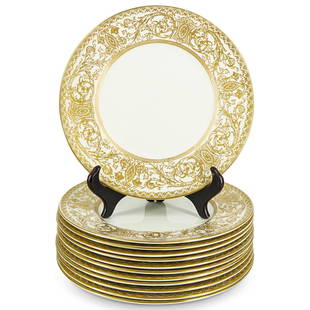 (12 Pc) English Royal Worcester "Embassy" Porcelain Dinner Plates: DESCRIPTION: (12 Pc) English Royal Worcester porcelain dinner plates set in the "Embassy" pattern, with a glazed cream colored ground and with gold encrusted filigree ornate motif. Marked with "Royal