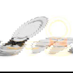 (12 Pc) Royal Worcester "Golden Bracken" Porcelain Set: DESCRIPTION: (12 Pc) Royal Worcester porcelain dinner plates set in the "Golden Bracken" pattern, with a glazed white colored ground and with a band of gold gilt ornate leaves motif and scalloped rim.