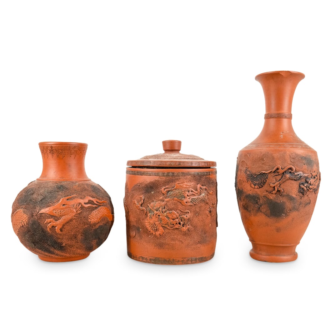 (3 Pc) Chinese Red Terracotta Clay Dragon Motif Vases (1 of 6)