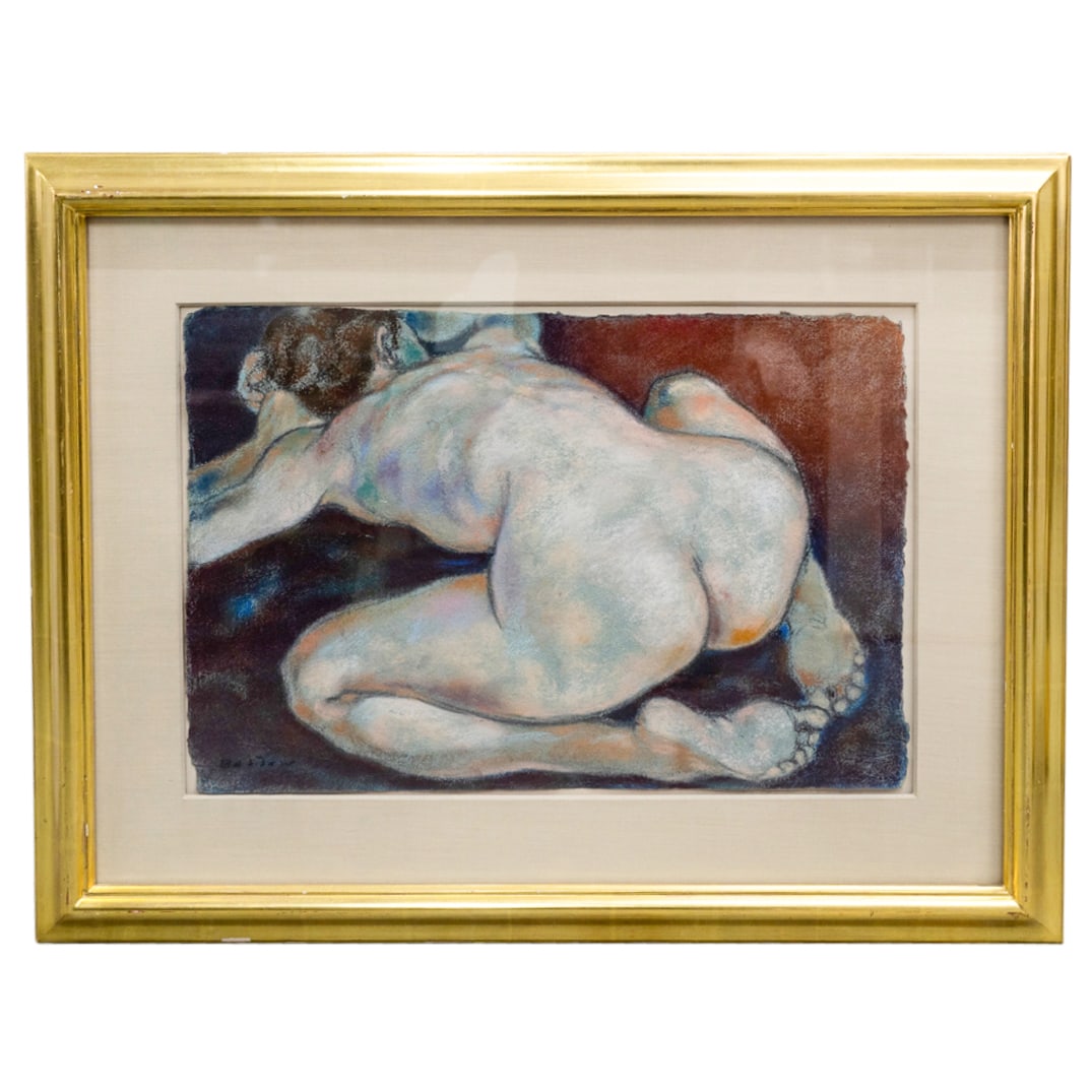 Signed Female Nude Oil Pastel On Paper: DESCRIPTION: Oil pastel on paper painting depicting a nude woman reclining forward with her legs bent on either side of her. Signed at lower left. Mounted in a gilt frame. CIRCA: 20th Century ORIGIN: