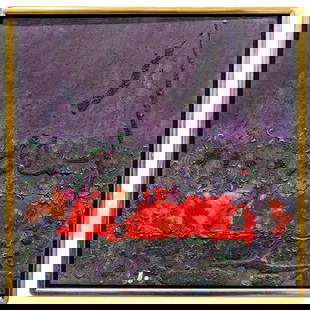 Gyorgy Kepes (Hungarian, 1906-2001) "Vagrant Landmarks" OOC: DESCRIPTION: Oil on canvas painting entitled "Vagrant Landmarks" by Gyorgy Kepes depicting abstract shapes and forms in shades of red, purple, and black. Signed, dated, and titled on verso. Stickers o