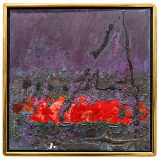 Gyorgy Kepes (Hungarian, 1906-2001) "Vagrant Landmarks" OOC: DESCRIPTION: Oil on canvas painting entitled "Vagrant Landmarks" by Gyorgy Kepes depicting abstract shapes and forms in shades of red, purple, and black. Signed, dated, and titled on verso. Stickers