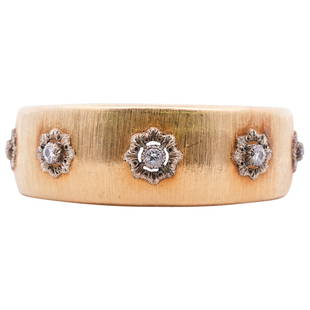 Buccellati Macri 18k Gold and Diamond Cuff Bracelet: DESCRIPTION: Buccellati "Macri" Diamond, 18k Gold Bracelet. Featuring round brilliant-cut diamonds weighing a total of approximately 1ct., set in a brushed texture, rosette motifs with centered