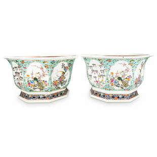 Pair Of Large Chinese Porcelain Octagonal Planters: DESCRIPTION: Two matching porcelain planters, each crafted in an octagonal form and decorated on each side with scenes of birds among flowers and foliage and on the lip with auspicious and scholarly o