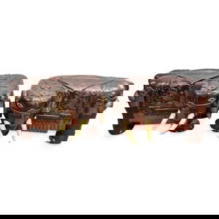 Pair Of Chinese Elephant Form Wooden Benches: DESCRIPTION: Two matching lacquered benches, each carved from wood in the form of an elephant donning a saddle decorated with clouds, bats, dragons pursuing a flaming pearl, and a Shou crest. Each is