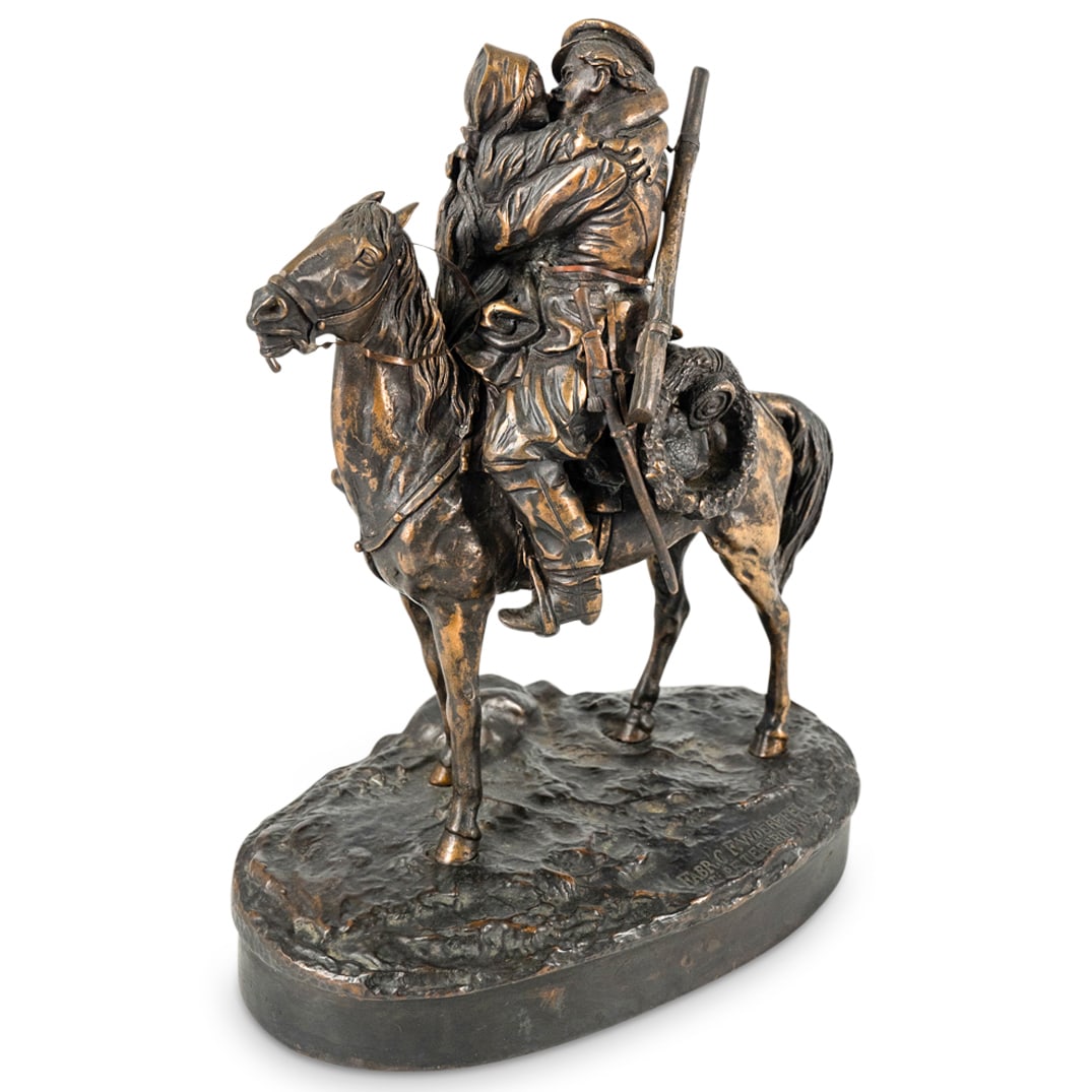 Vassili Yacovlevitch Grachev (Russian, 1831-1905) "The Kiss II" Bronze Sculpture: DESCRIPTION: Vassili Yacovlevitch Grachev (Russian, 1831-1905) Bronze Sculpture "Kiss", Depicting a cossack on horseback giving a young woman a farewell kiss. Finely cast bronze. Signed at the base in