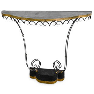 Gilbert Poillerat Style Iron Wall Mounted Console Table: DESCRIPTION: Manner of Gilbert Poillerat wall mounted iron console table with gilt details. CIRCA: 20th Century ORIGIN: France DIMENSIONS: H: 35" x W: 12.5"x L: 39.5" - CONDITION: Great condition. See