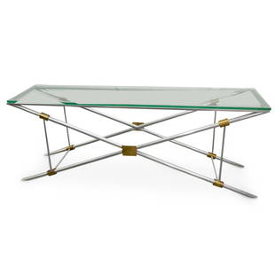 John Vesey Console Table: DESCRIPTION: John Vesey console table with cross base form composed of aluminum and brass with rectangular glass top. CIRCA: 1958 ORIGIN: USA DIMENSIONS: H: 29" x W: 18" x L: 78" - CONDITION: Medium O