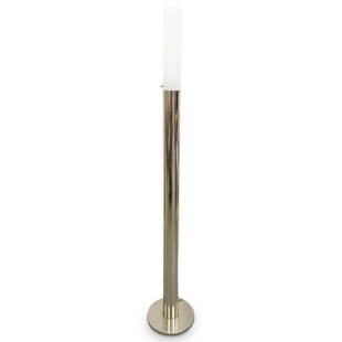 Mazzega, Murano, Carlo Nason Floor Lamp: DESCRIPTION: Mid Century, Mazzega Murano floor lamp with minimalist form, featuring a chrome cylindrical lamp base, fitted with white to clear glass shade. Label at shade: "Hand Blown Glass, Made In I