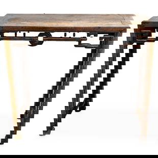 Antique Chinese Carved Wood Medallion Altar Table: DESCRIPTION: Antique carved wood altar table featuring an open-work skirt carved with a coin design bearing auspicious symbols. CIRCA: Early to mid-20th Century ORIGIN: China DIMENSIONS: H: 33.5" W: 1