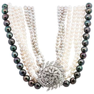 Vintage 14k Gold, Diamond and Multicolored Pearl Beaded Necklace: DESCRIPTION: A vintage pearl beaded necklace features (8) strands decorated with white, black and grey beaded pearls. The strands are joined at the center with an elegant 14k white gold closure pendan