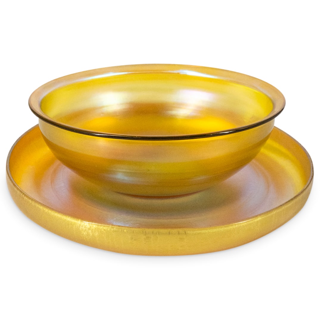 (2 Pc) Tiffany Favrile Art Glass Bowl With Plate (1 of 6)