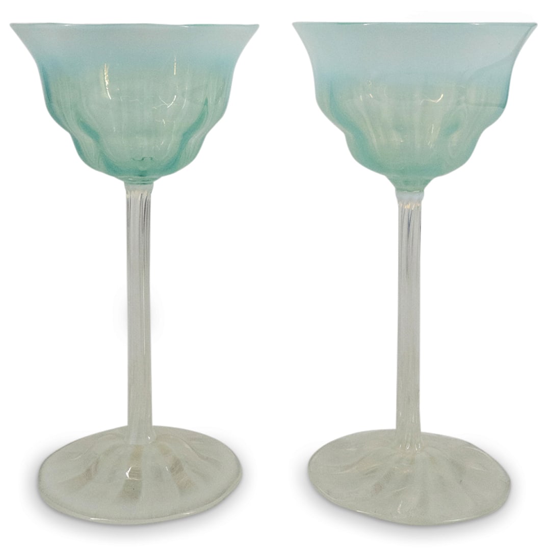 (2 Pc) Tiffany Favrile Art Glass Footed Goblets (1 of 4)