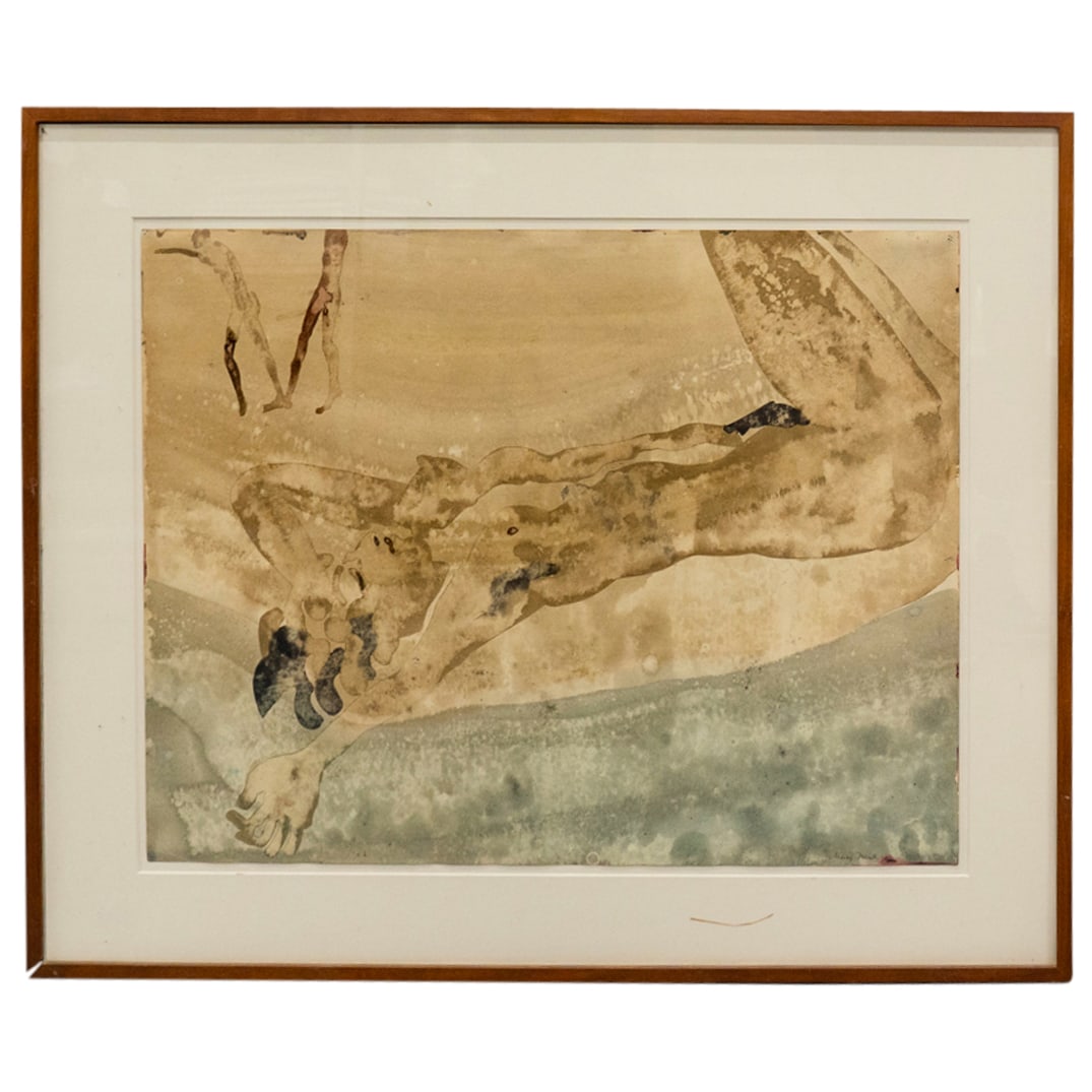 Mary Frank (B. 1933) Nude Beach Watercolor: DESCRIPTION: Watercolor by Mary Frank depicting a nude woman reclining near water. Mounted in a wooden frame. Signed and dated at lower right; paper is Hamilton Andorra lined paper and is watermarked